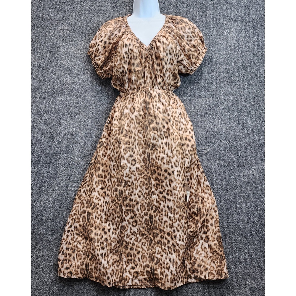 NWT Steve Madden Women's Leopard Cotton Puff Sleeve Boho Safari V Neck Dress XS